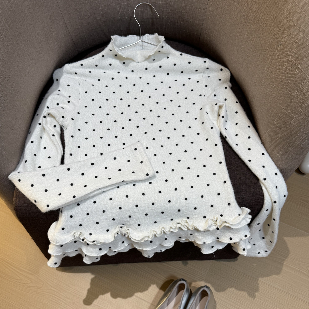 韩系波点木耳边磨毛长袖女冬季新款气质修身内搭打底上衣