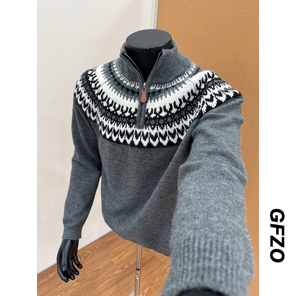 费尔岛毛衣男冬季美式复古提花慵懒风半高领拉链情侣休闲针织衫