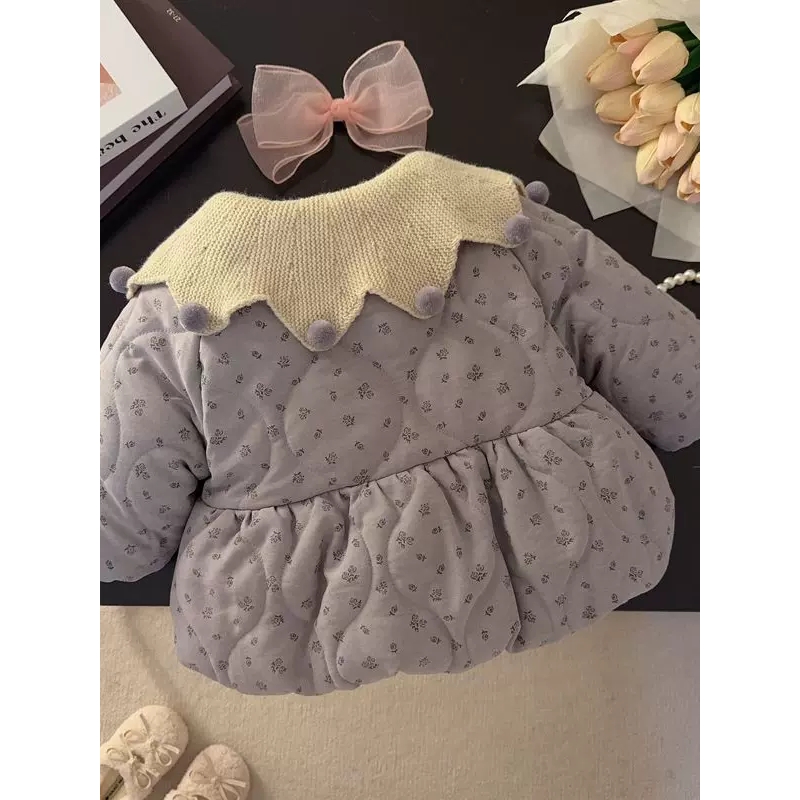 童装女童2025新款冬装女宝宝加绒加厚碎花棉衣小童韩版大翻领外套