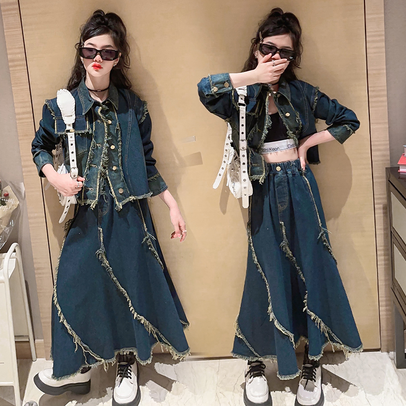 女童连衣裙春季2025新款女大童牛仔外套洋气时髦春装儿童套装裙子
