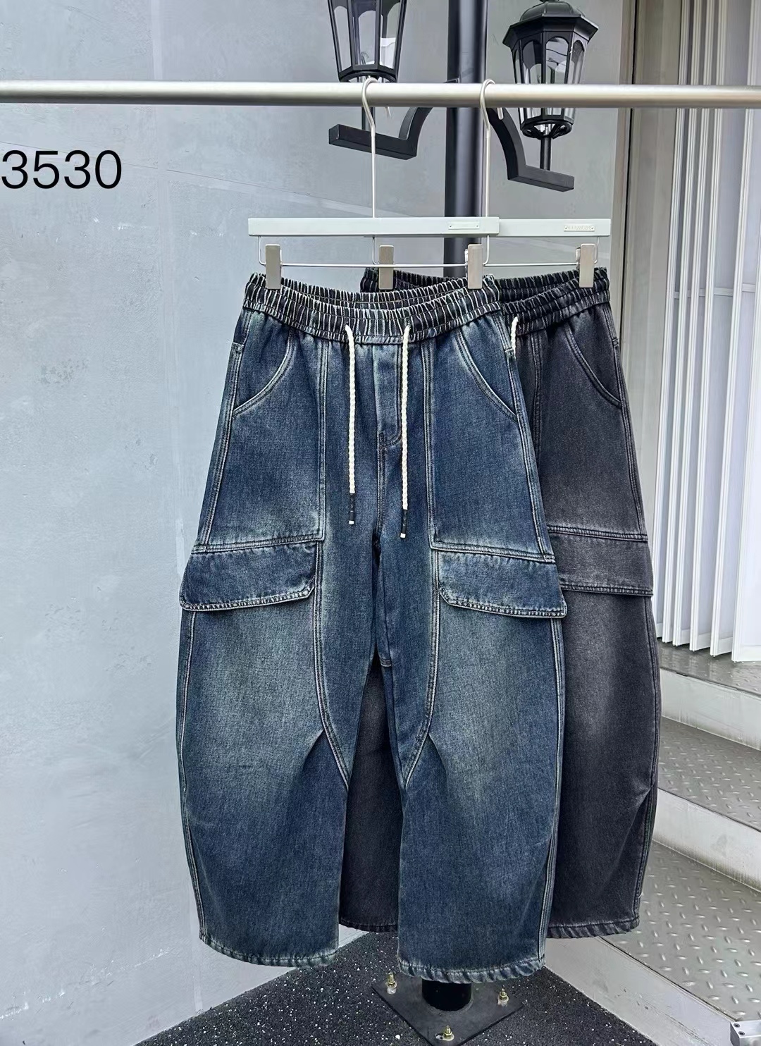 【楠楠专属】潮牌牛仔加绒小弯刀重工洗水棉情侣百搭牛仔裤3530/B13