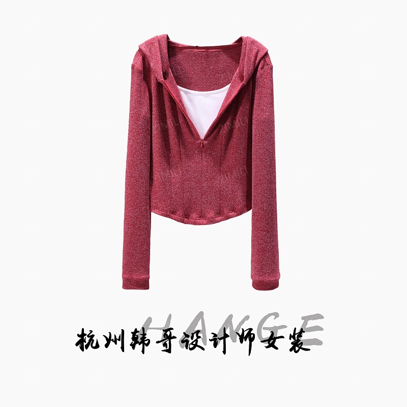 【韩哥女装】2025秋季温柔知性风燃红色假两件高弹气质上衣9888-A3