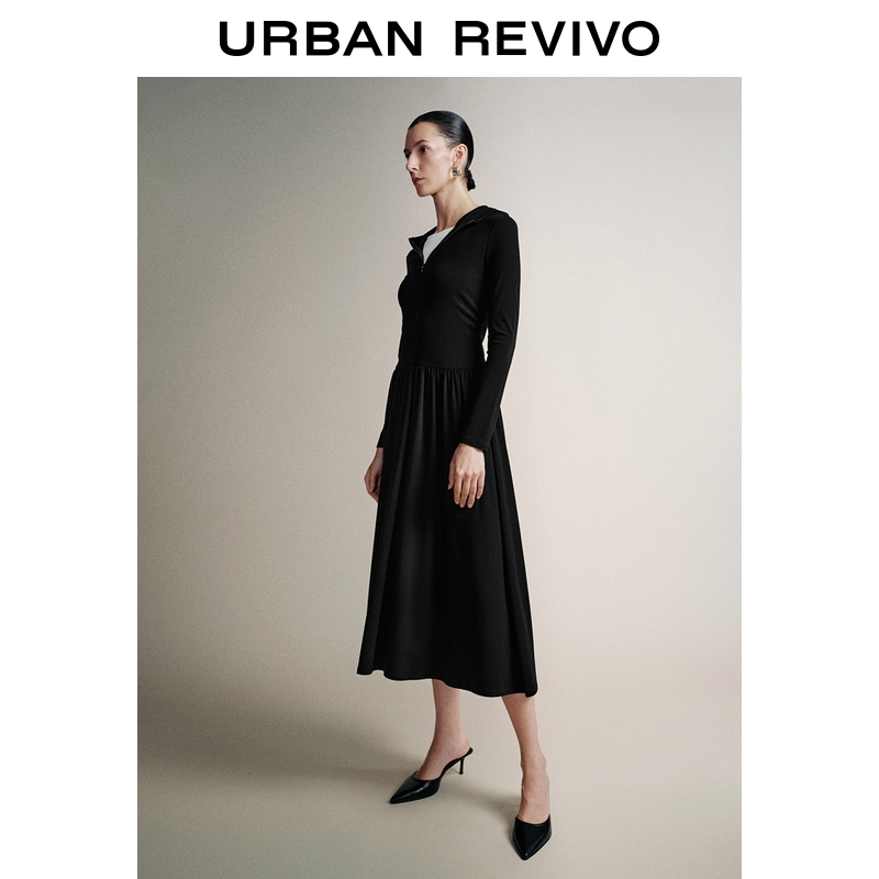 UR2025秋季新款女休闲撞色假两件连帽连衣裙UWH750118+