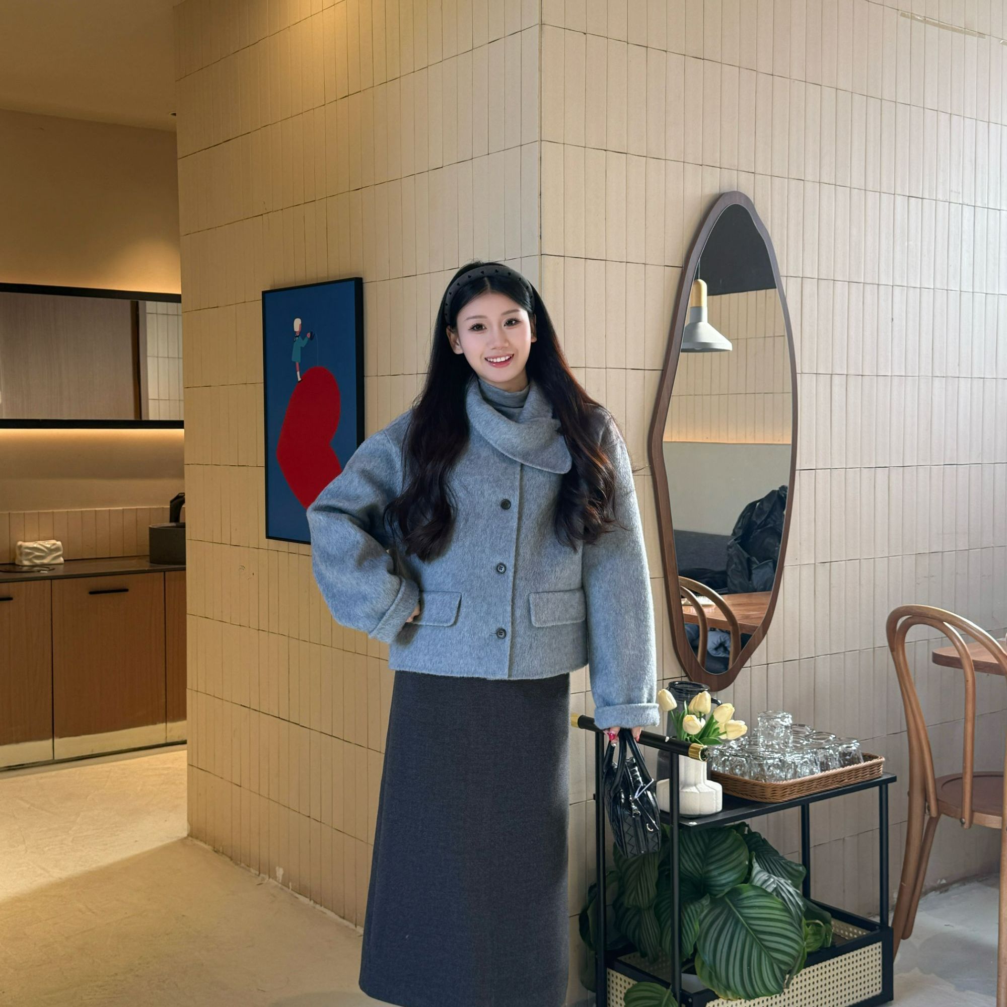 韩系设计感翻领短款双面毛呢外套小个子气质上衣2025冬新款