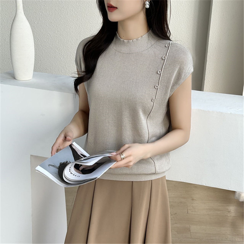 莫代尔纽扣线条简约设计感女士半高领三分袖内搭轻薄透气套头背心