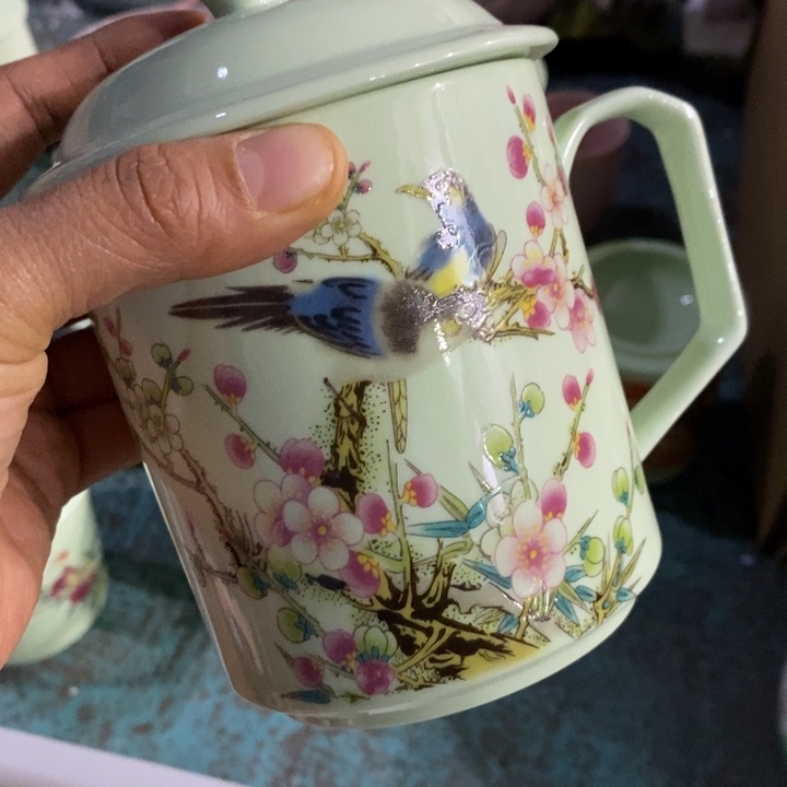 摆件陶绿稀土梅花鸟办公杯