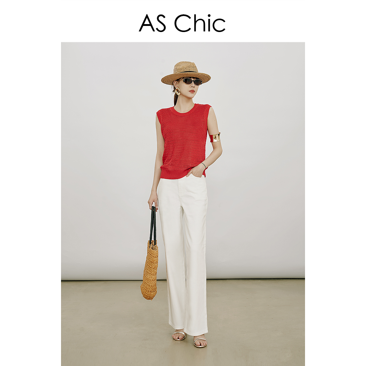 AS Chic 25SS棉麻闪金银丝粗针镂空宽松针织马甲AS5485