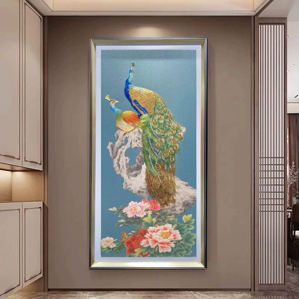 孔雀玄关装饰画中式轻奢苏绣刺绣走廊挂画简约织锦入户过道壁画