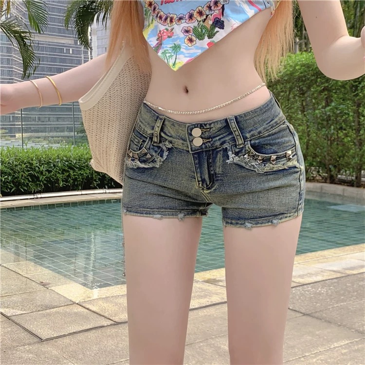 性感辣妹紧身超短低腰弹力牛仔热裤