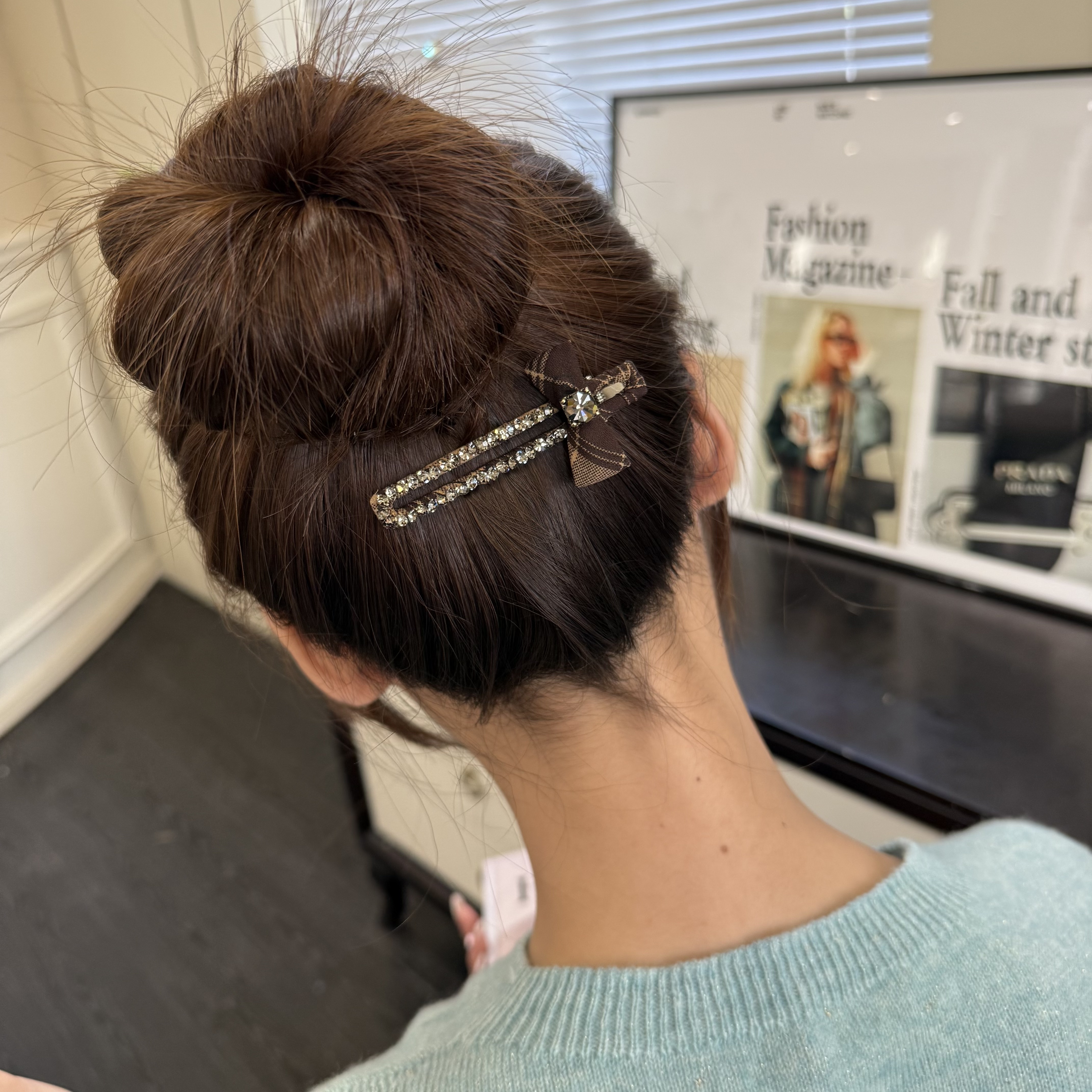 韩系咖色格子蝴蝶结满钻八公分压夹4681