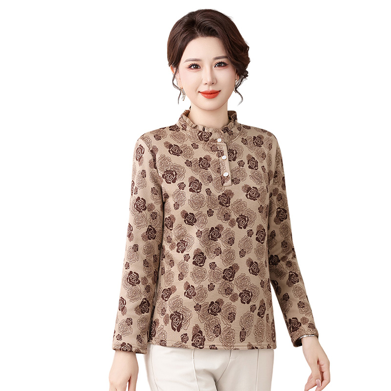 冬季碎花中老年女装常规碎花半高领老年女款妈妈装冬季加绒加厚