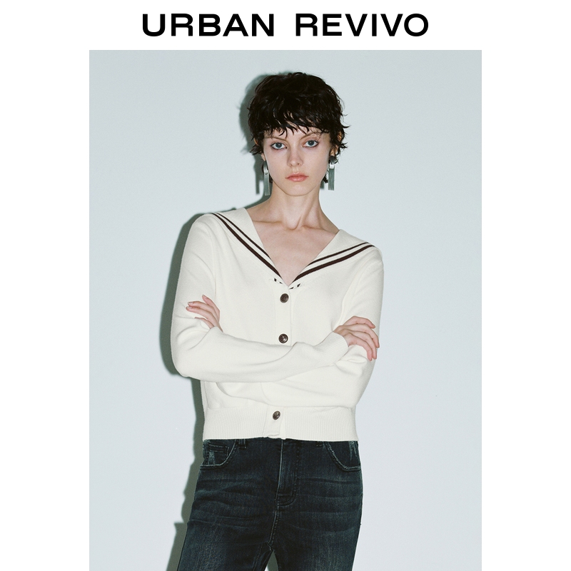 UR2025秋季新款女装学院风海军领纽扣口袋针织开衫UYY950079+