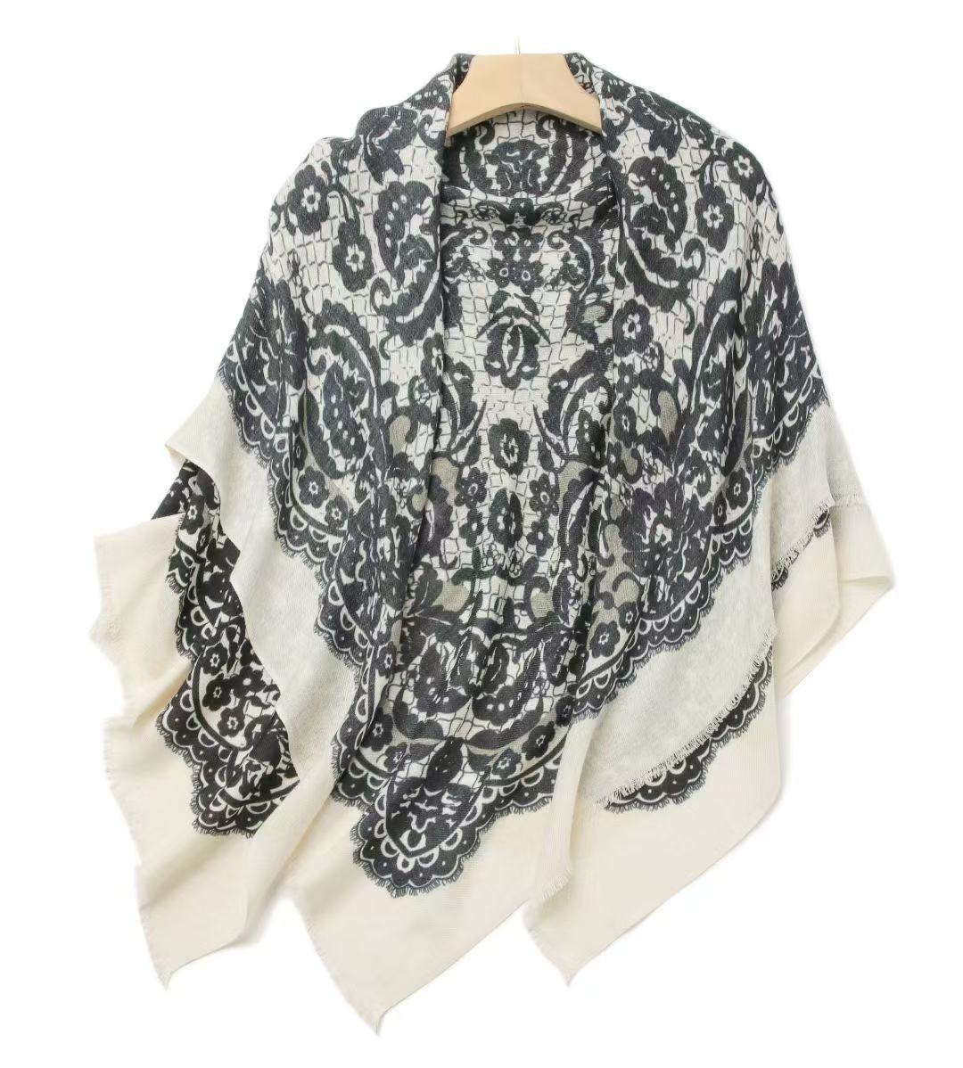 绮梦-春秋高级感蕾丝图案丝羊毛披肩大方巾