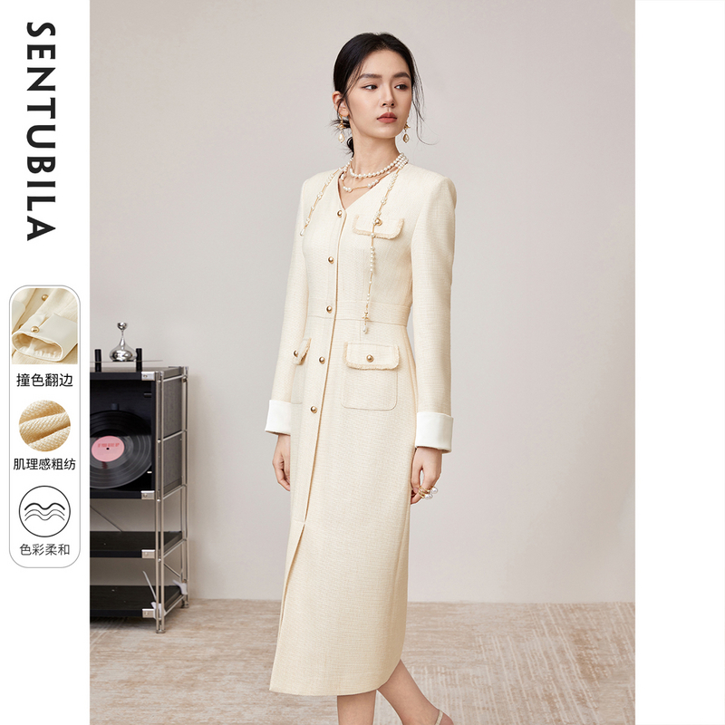 尚都比拉时尚优雅V领小香风翻边袖口裙摆开叉温柔女人连衣裙
