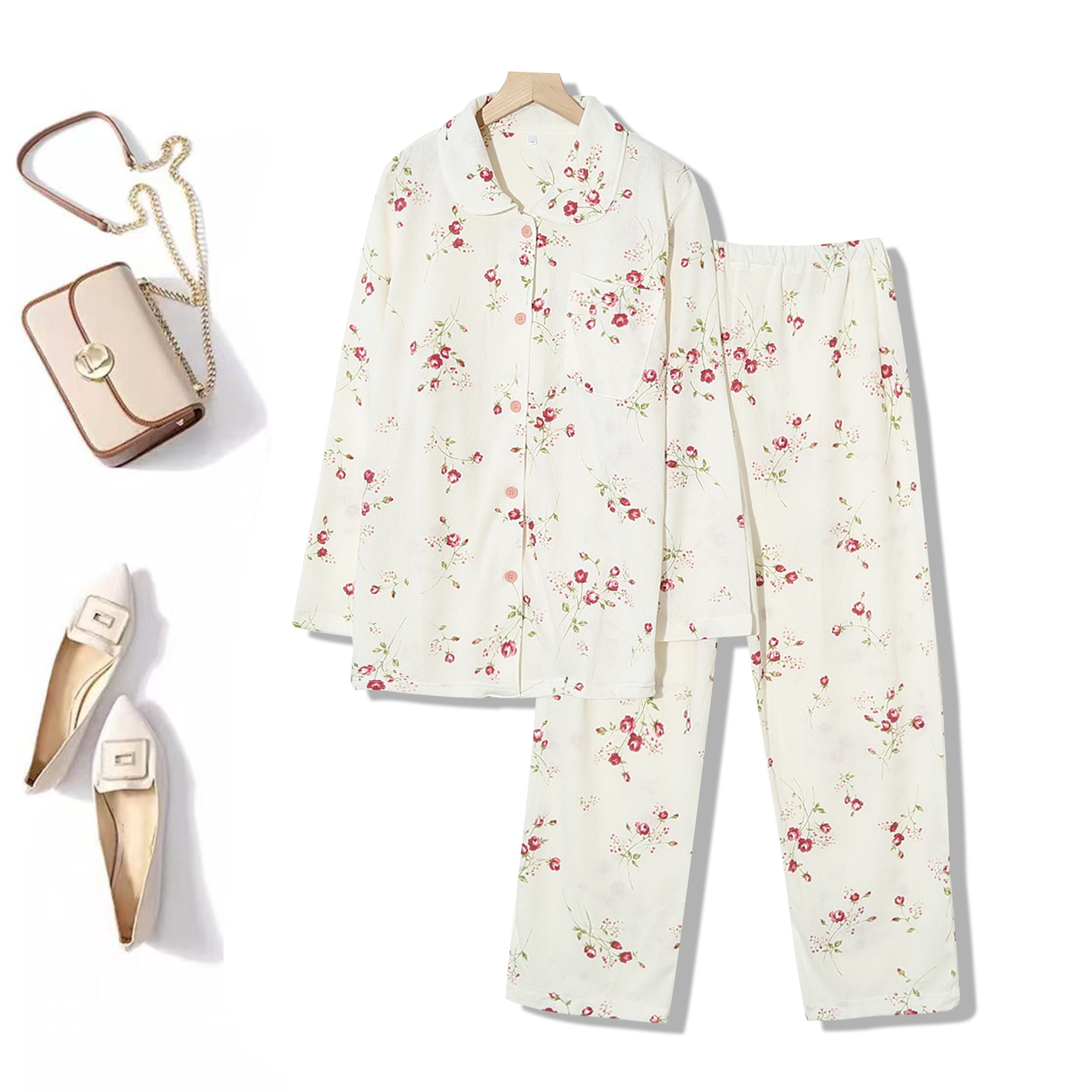 时尚清新碎花休闲家居套装植物花卉单排扣翻领女6D805(不分图案)