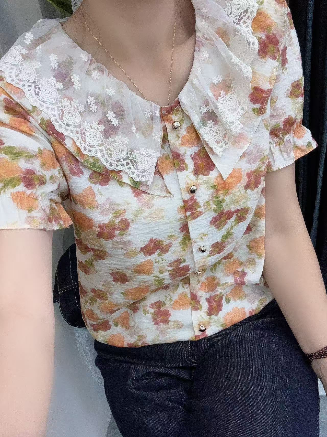 【秀家】夏季短袖套头衫蕾丝领气质女娃娃领5511时尚花衣