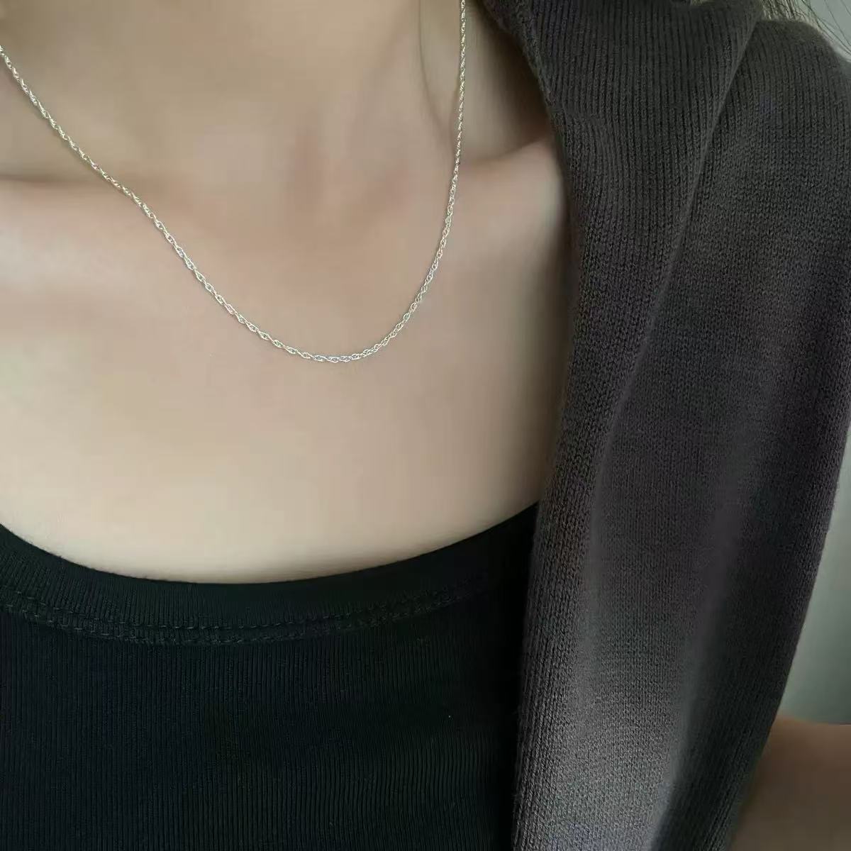 链子925银 韩版经典款麻花素链亮银色46公分长度百搭ins风5102