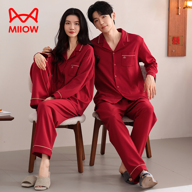 MiiOW/猫人春秋季纯棉大码红色喜庆宽松情侣休闲长袖睡衣套装