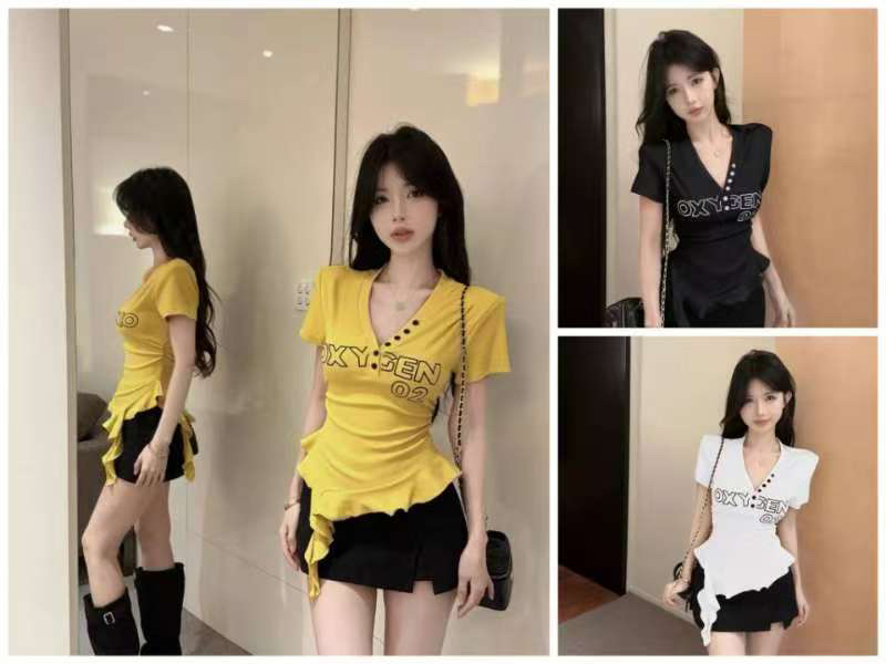 大码印花收腰短袖褶皱V领短款设计感时尚荷叶边T恤