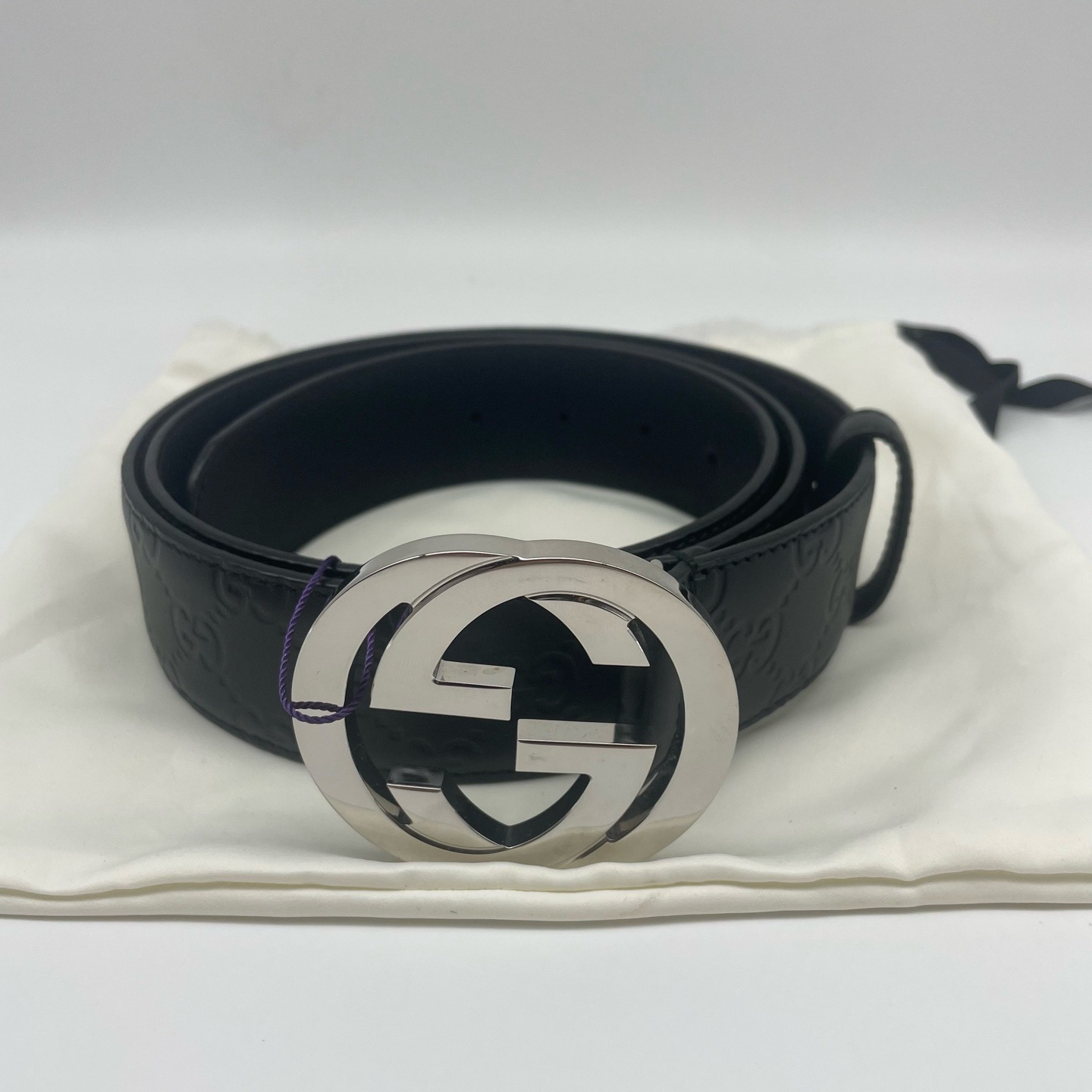 95新 GUCCI/古驰 105码银扣黑色压纹腰带16066981