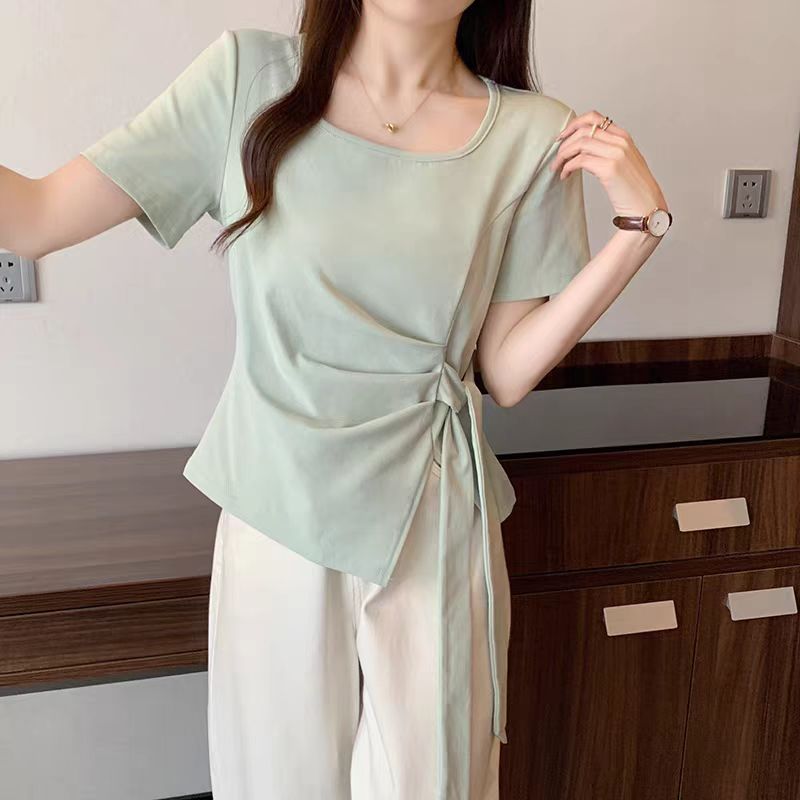 3759大码女装夏季新款不规则绑带半袖
