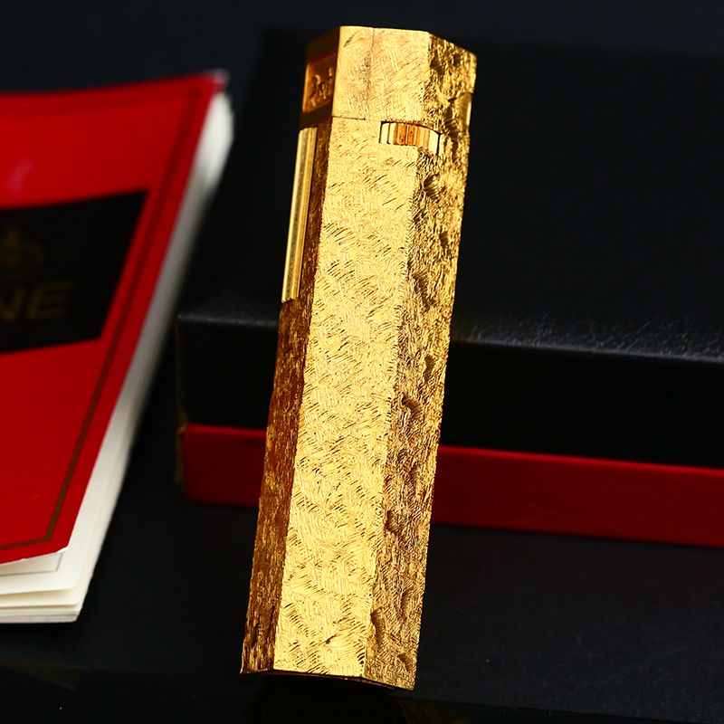 充气打火机镀金锉刀纹长款六角罗马柱设计联动开盖男士纯铜现货