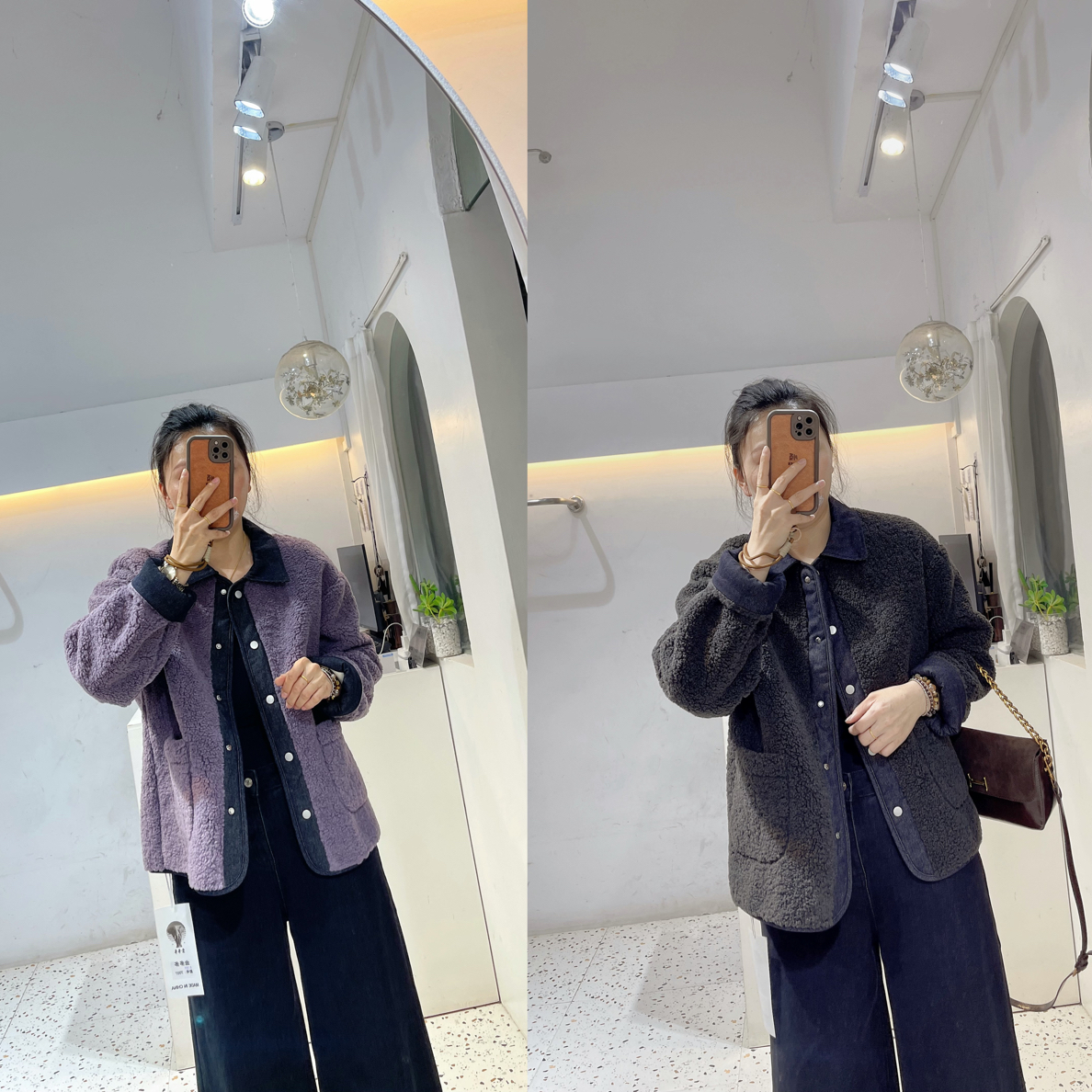 韩系复古牛仔拼接羊羔毛加厚保暖外套7007