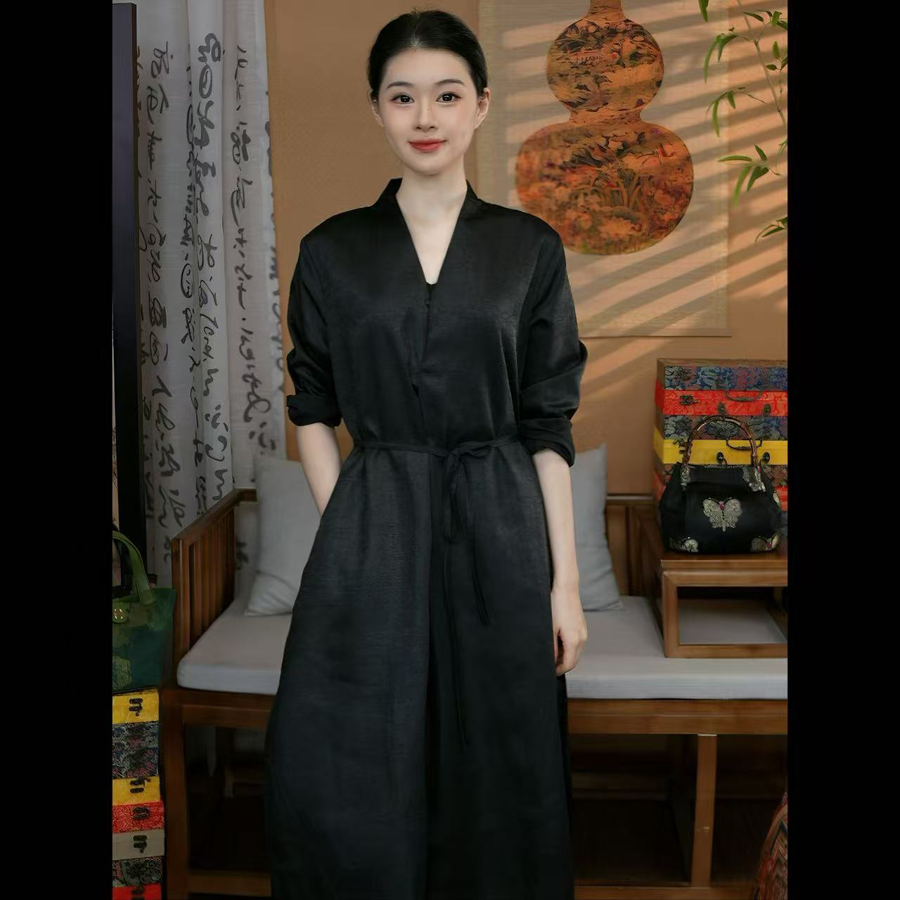 【曼妙身姿】A新款龟裂纹时尚减龄洋气新中式收腰连衣裙