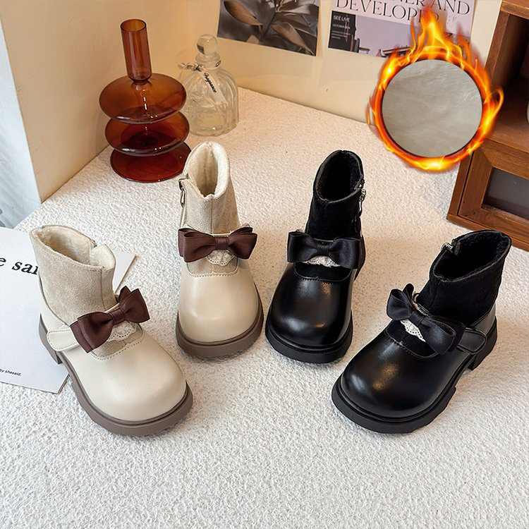 女童靴子2025新款儿童短靴加绒甜美蝴蝶结公主靴女孩马丁皮靴962