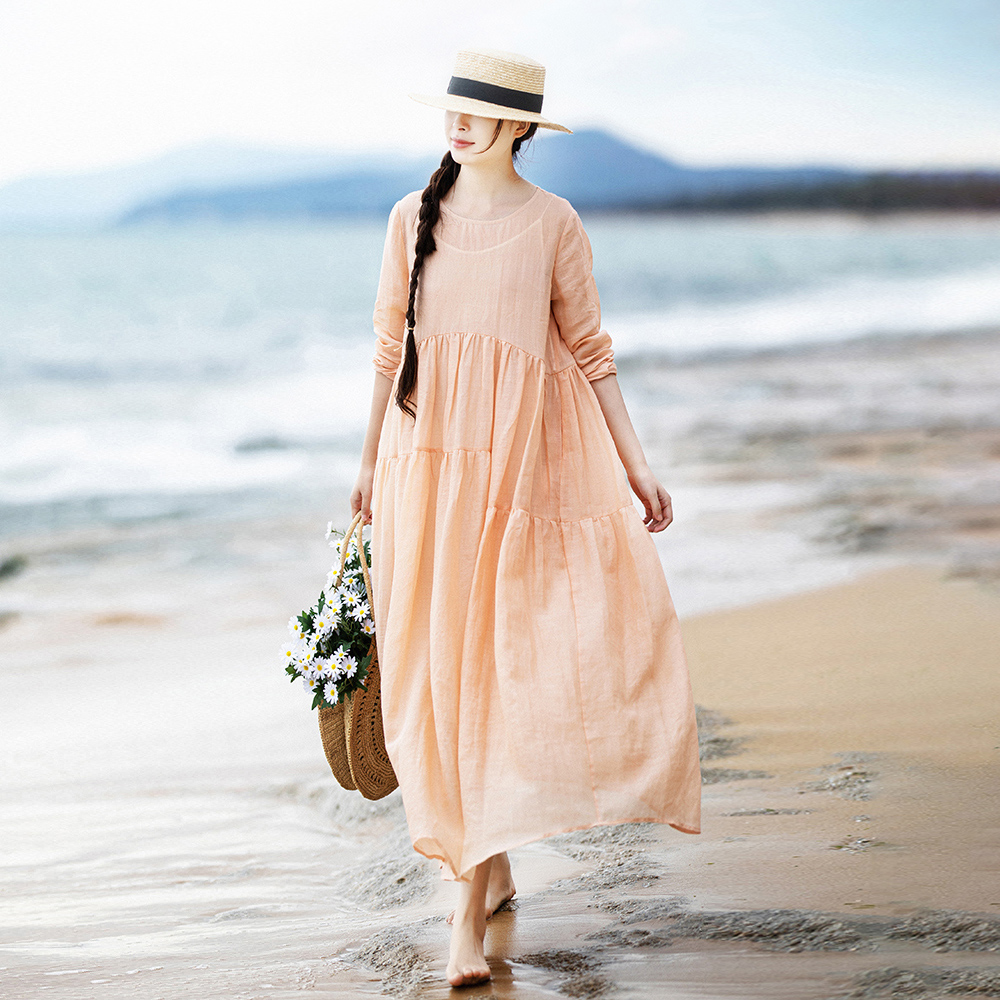 【现货】1932苎麻大摆长袖连衣裙女长款早秋新款套头拼接长裙宽松裙