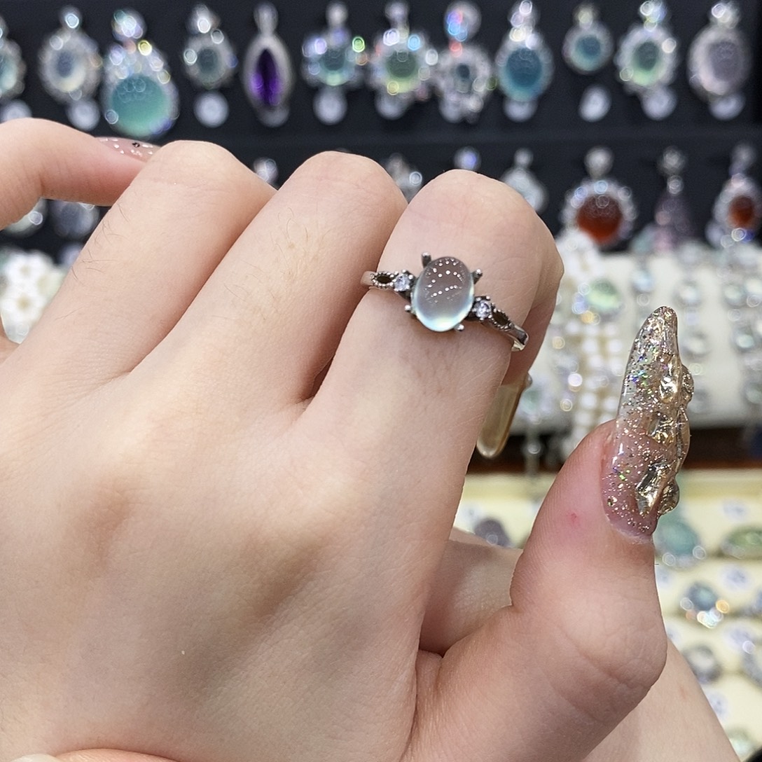 蛇纹石玉银S925镶嵌戒指天青冻