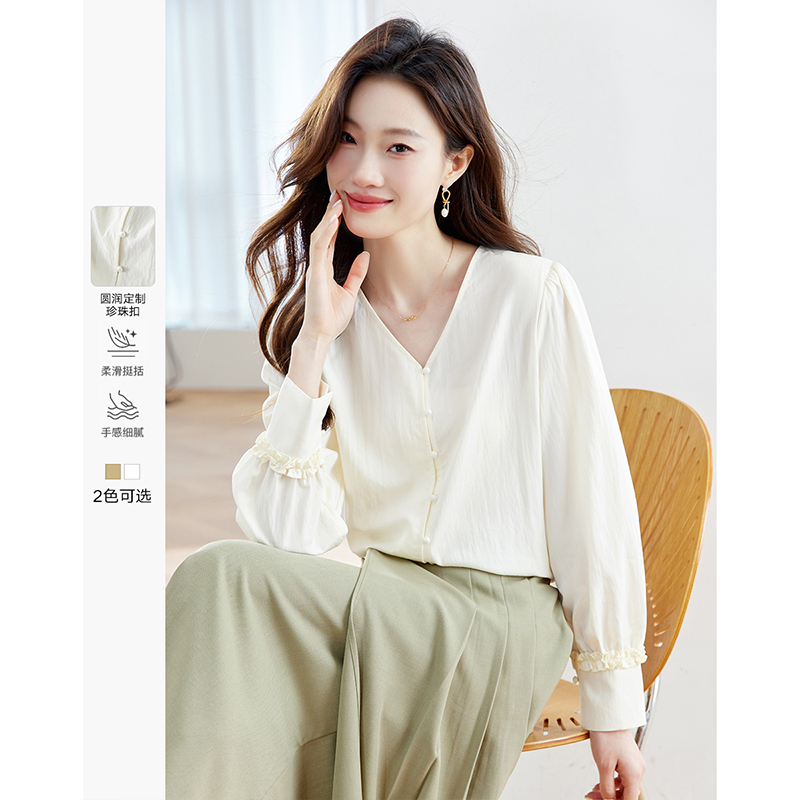 D梵希蔓休闲透气宽松V领衬衫款单排扣拼接布花边上衣M3962