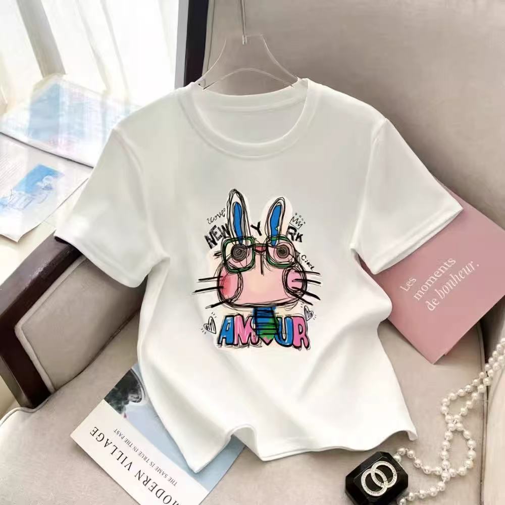 宽松大版韩系简约复古百搭圆领印花兔子短袖T恤H7319