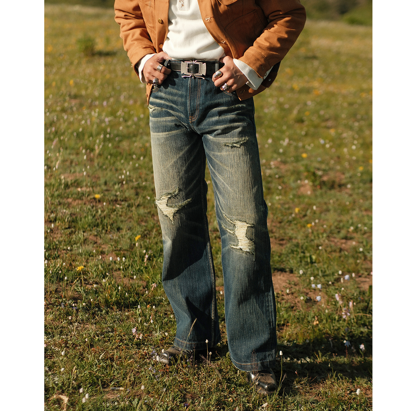 丹宁王藏系列黄芯水洗立体压褶黄泥破洞赤耳705中腰阔腿裤MMC窄幅