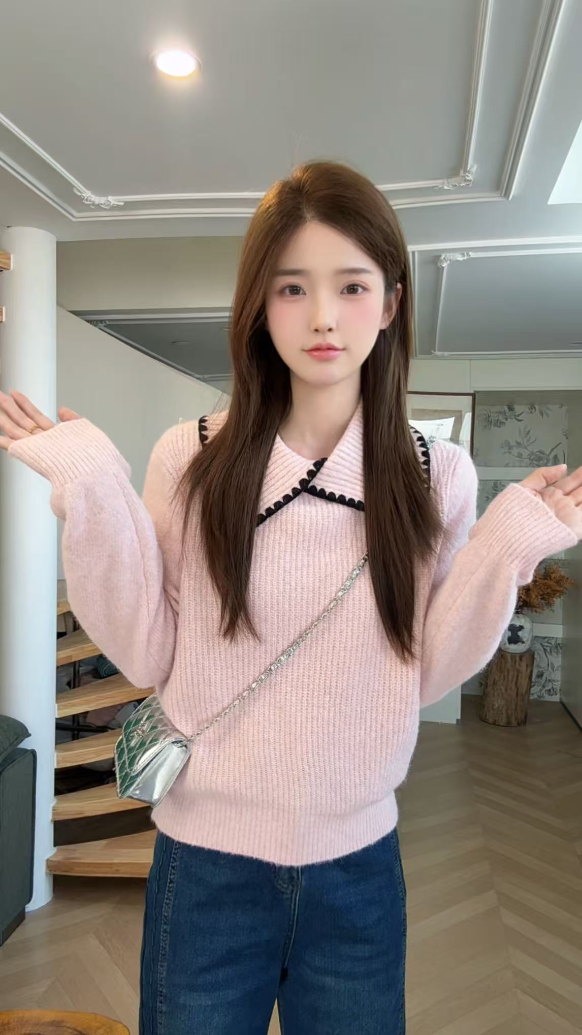 【Niche Young】草莓布丁 韩系撞色翻领宽松休闲百搭毛衣XT80015