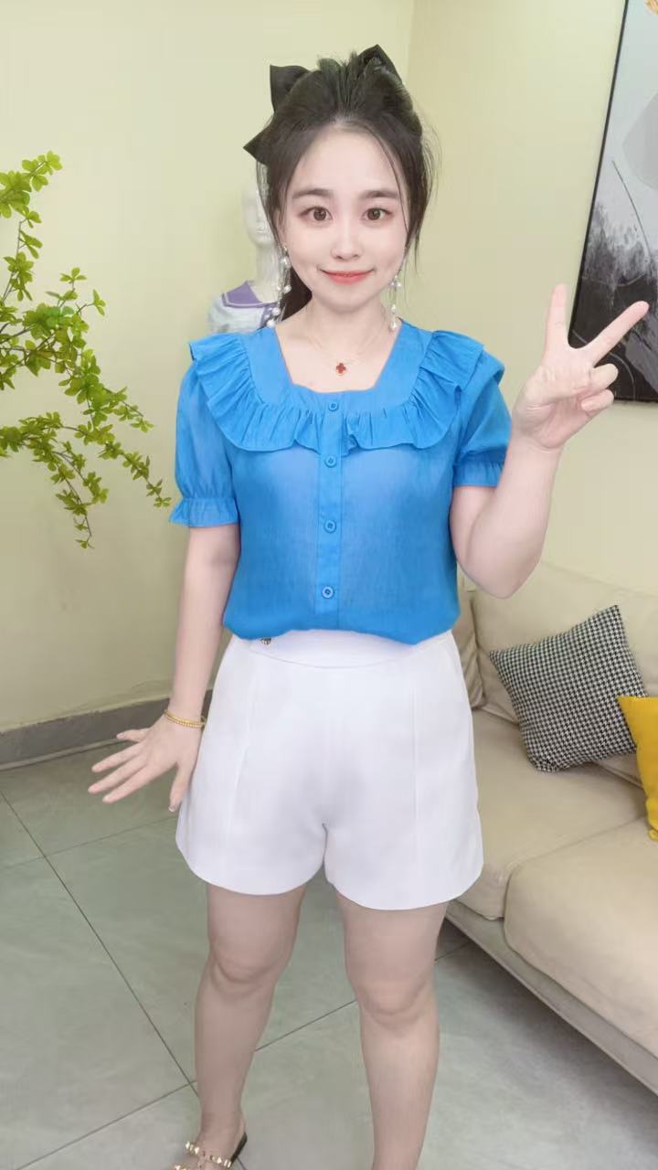 淑女日记···夏季新款方领荷叶边拼接短袖纯色时尚洋气女士衬衫368