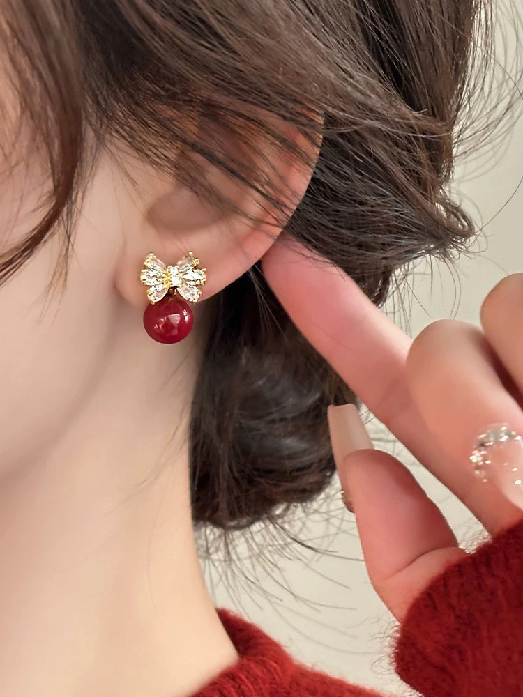 铜合金耳饰红桃红色喜庆过年无耳洞耳夹复古气质秋冬显白结婚