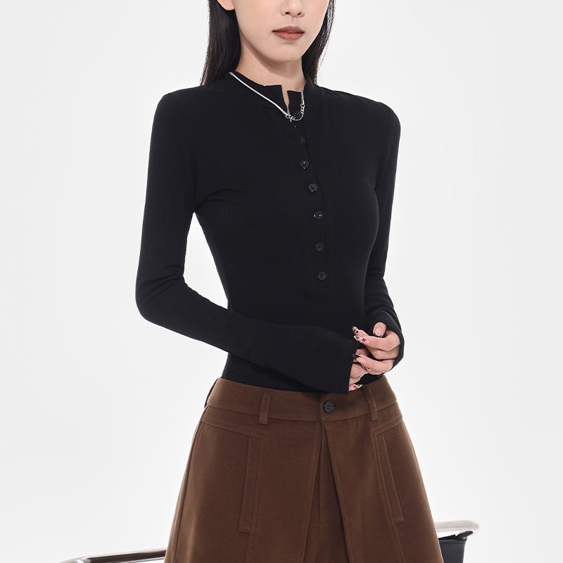 KEN STUDIO2025秋冬新款黑色修身显瘦长袖T恤女半开领正肩打底衫