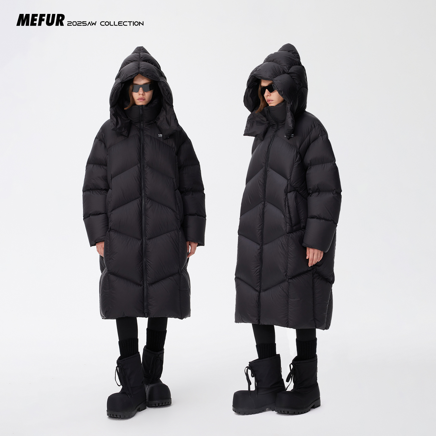 MEFUR女款95白鹅绒蓬松轻盈立领保暖巫师帽长款羽绒服