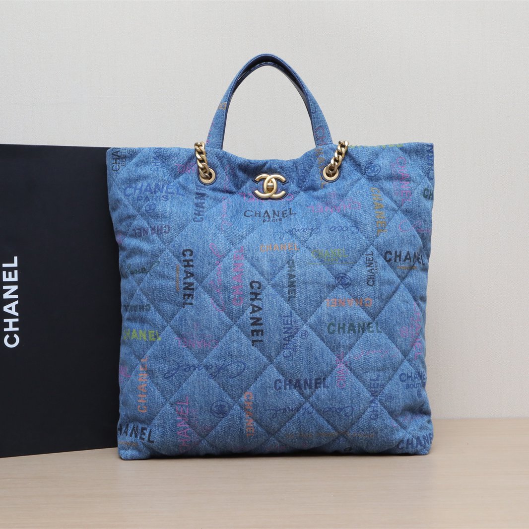 99新 Chanel/香奈儿 小花柳 22P Tote购物袋 Logo印花 牛仔蓝