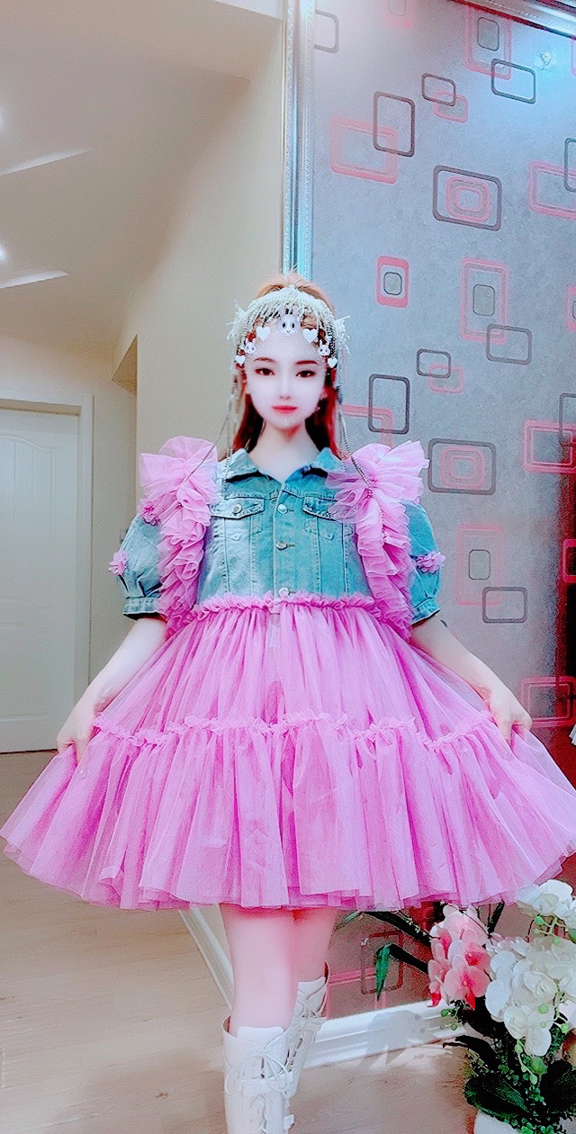 【面条仙仙】3384#高品质纱纱拼接牛仔蓬蓬连衣裙