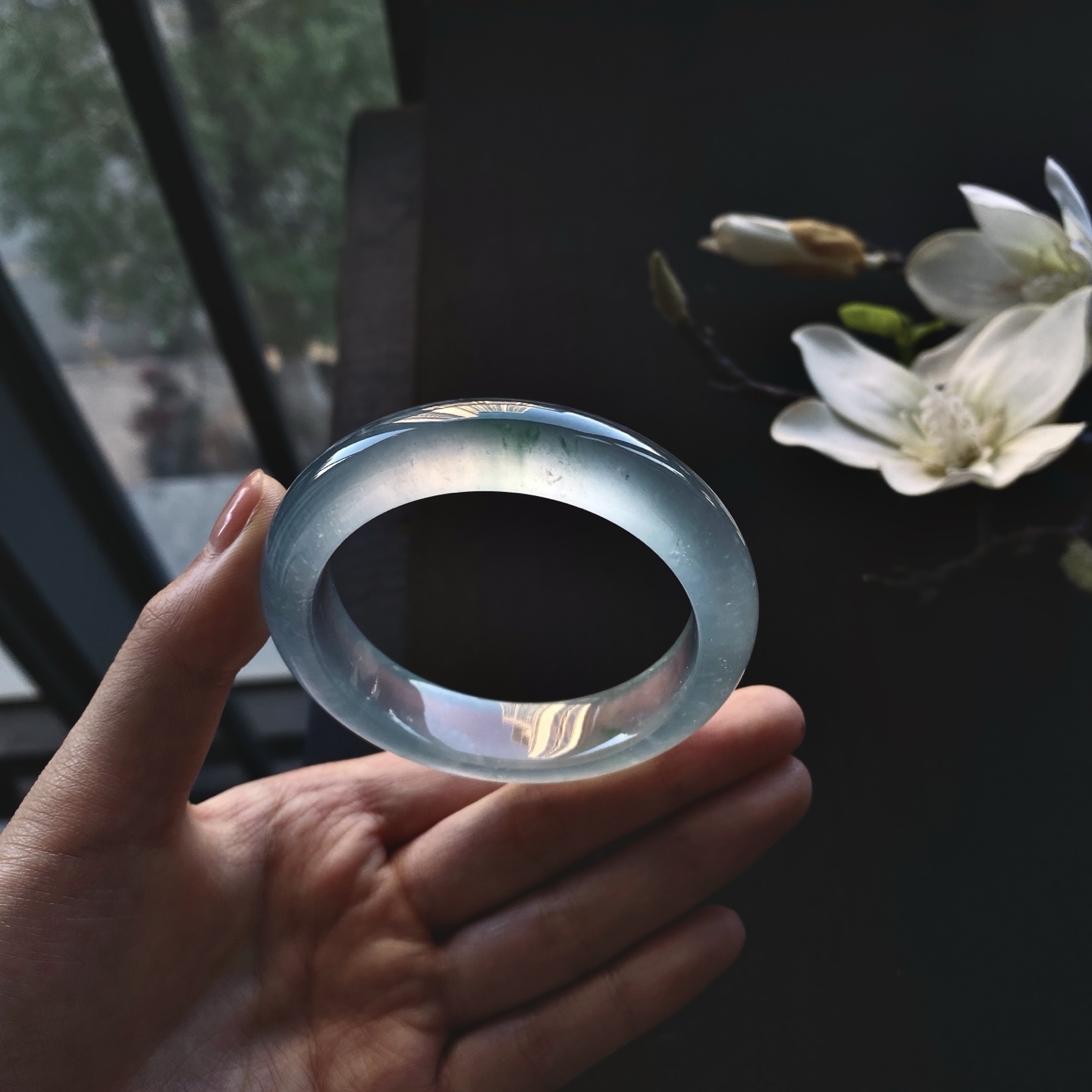 好色珠宝  圈口52缅甸老坑A货高冰玻璃种飘花正圈女款翡翠手镯