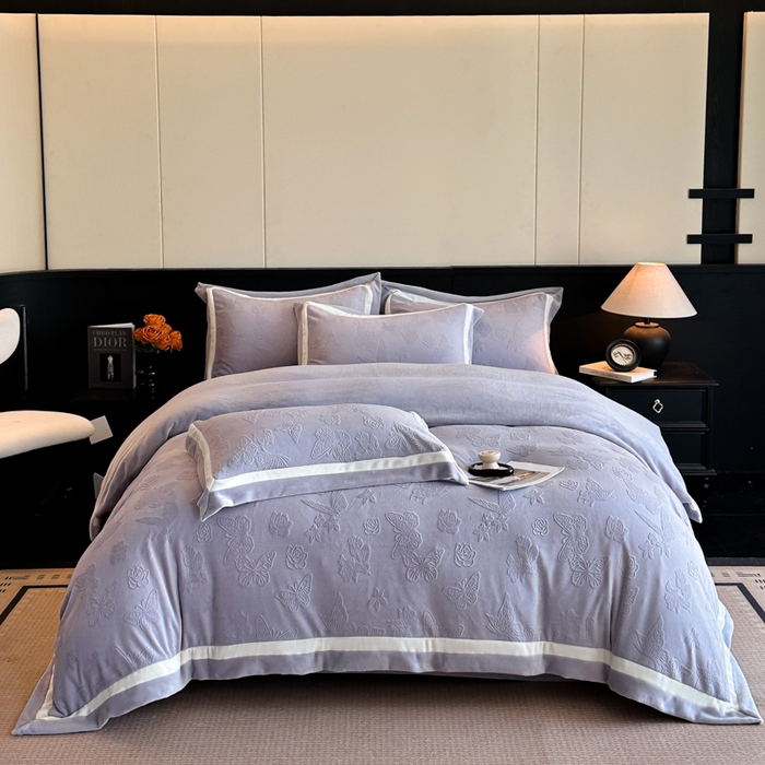 【惊喜福利】梵茜妮  热款高密消光双拼边雕花牛奶绒四件套拼角纯色