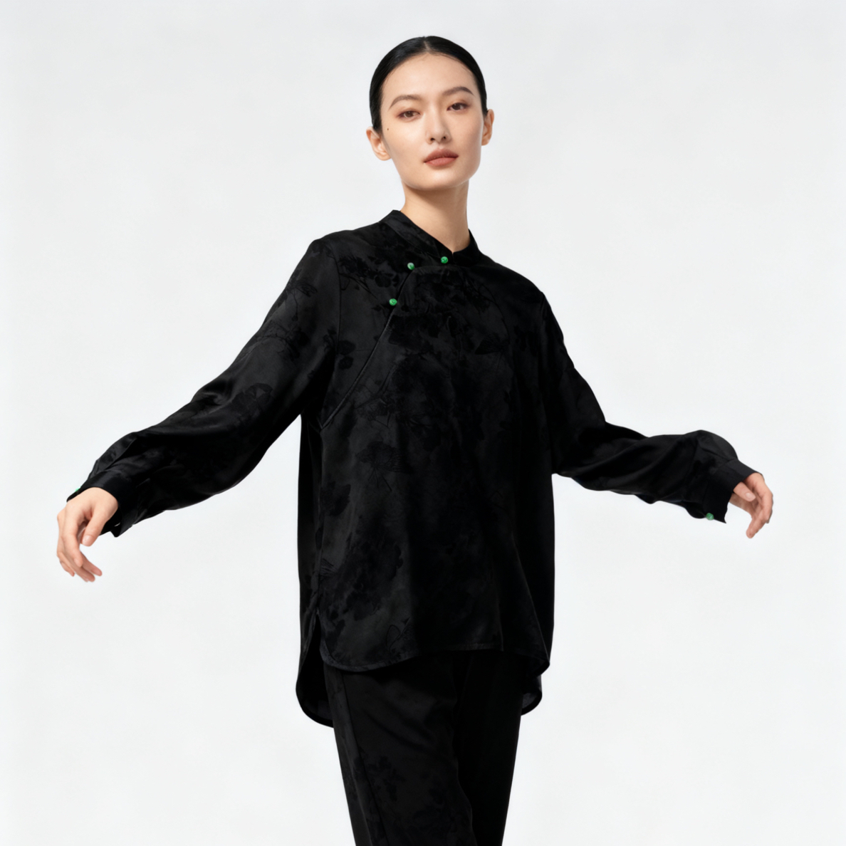 【九染墨丝】满分桑蚕丝国风立领长袖衬衫复古提花斜襟改良旗袍上衣