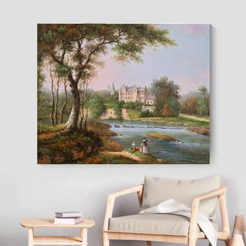 《河畔古堡》50*60含内框，刘春建手绘油画装饰画，客厅背景墙挂画