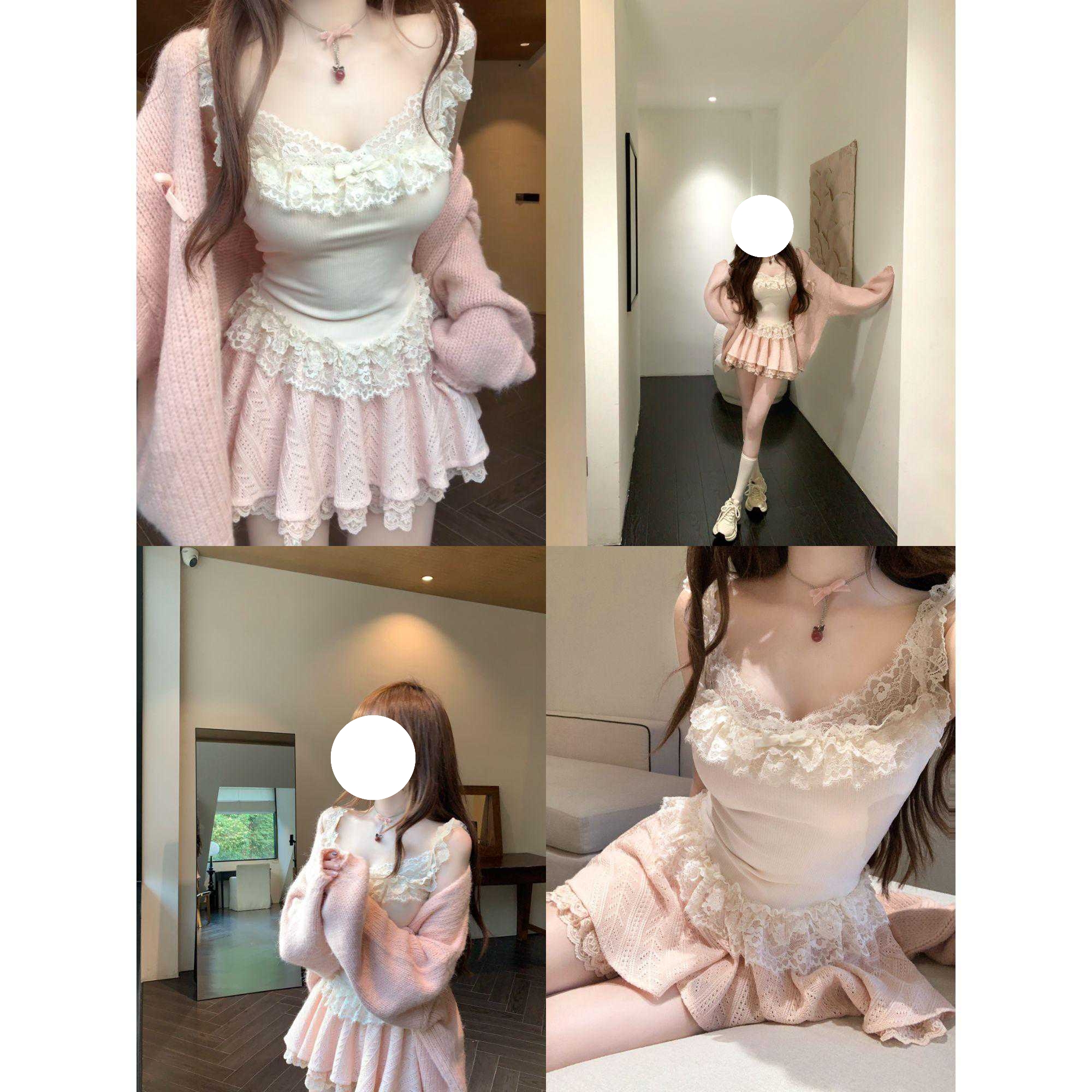 秋季修身显瘦纯欲风甜美蕾丝拼接吊带上衣毛衣外套+半身裙套装女