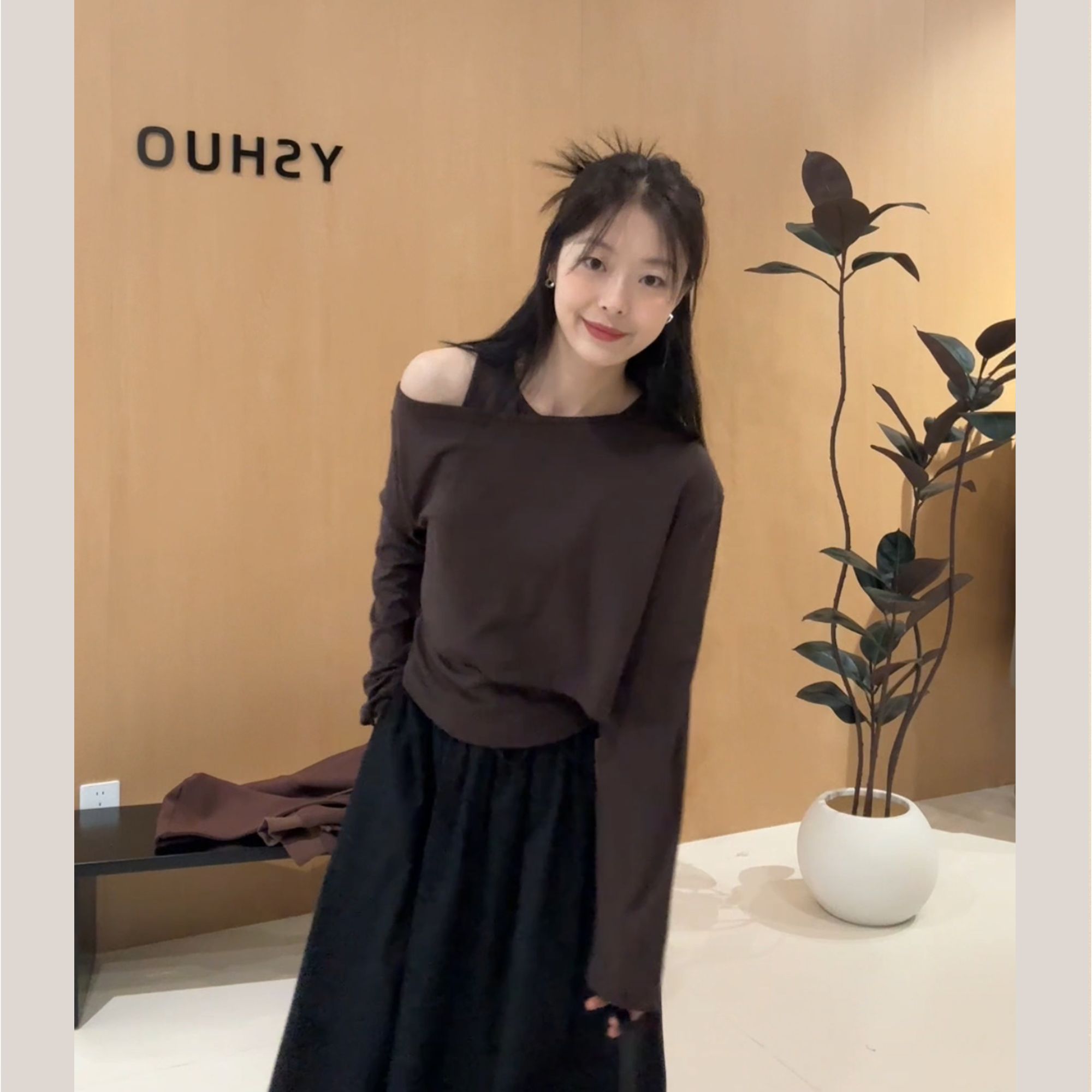 YSHUO【街头派】简约复古长袖早秋背心短款斜肩上衣两件套上衣 9583