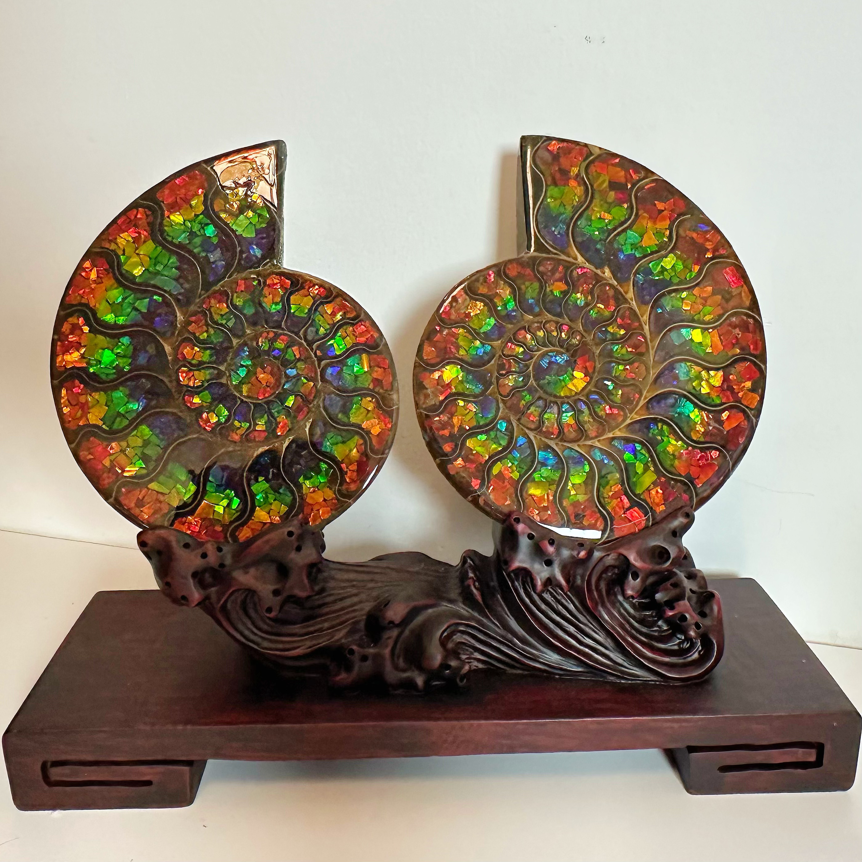 天然加拿大斑彩石碎片拼马达加斯加螺摆件一对送礼 乔迁开业 家居