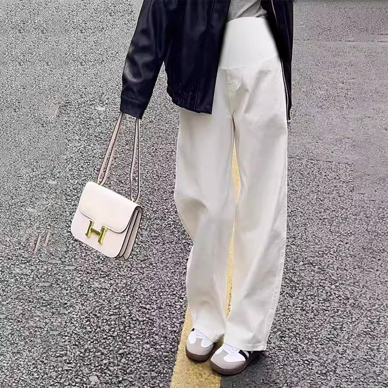 孕妇裤子春秋外穿白色时尚直筒牛仔裤孕期托腹2025新款宽松阔腿裤