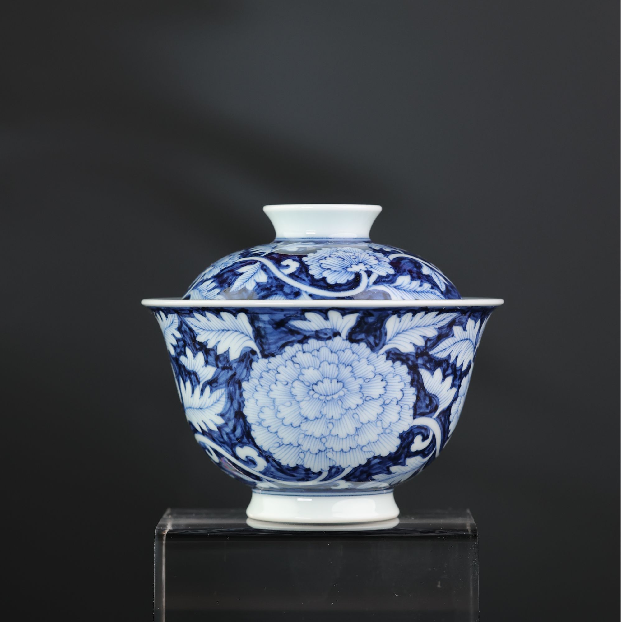 【阳春白雪】青花釉里红蓝底牡丹小盖碗 手绘 名窑 纯手工 复古 